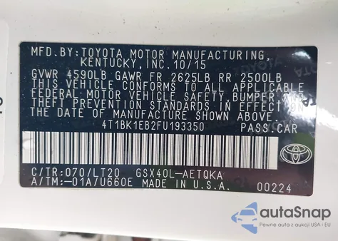 2015 Toyota Avalon Xle Touring from USA, damaged, VIN 4T1BK1EB2FU193350